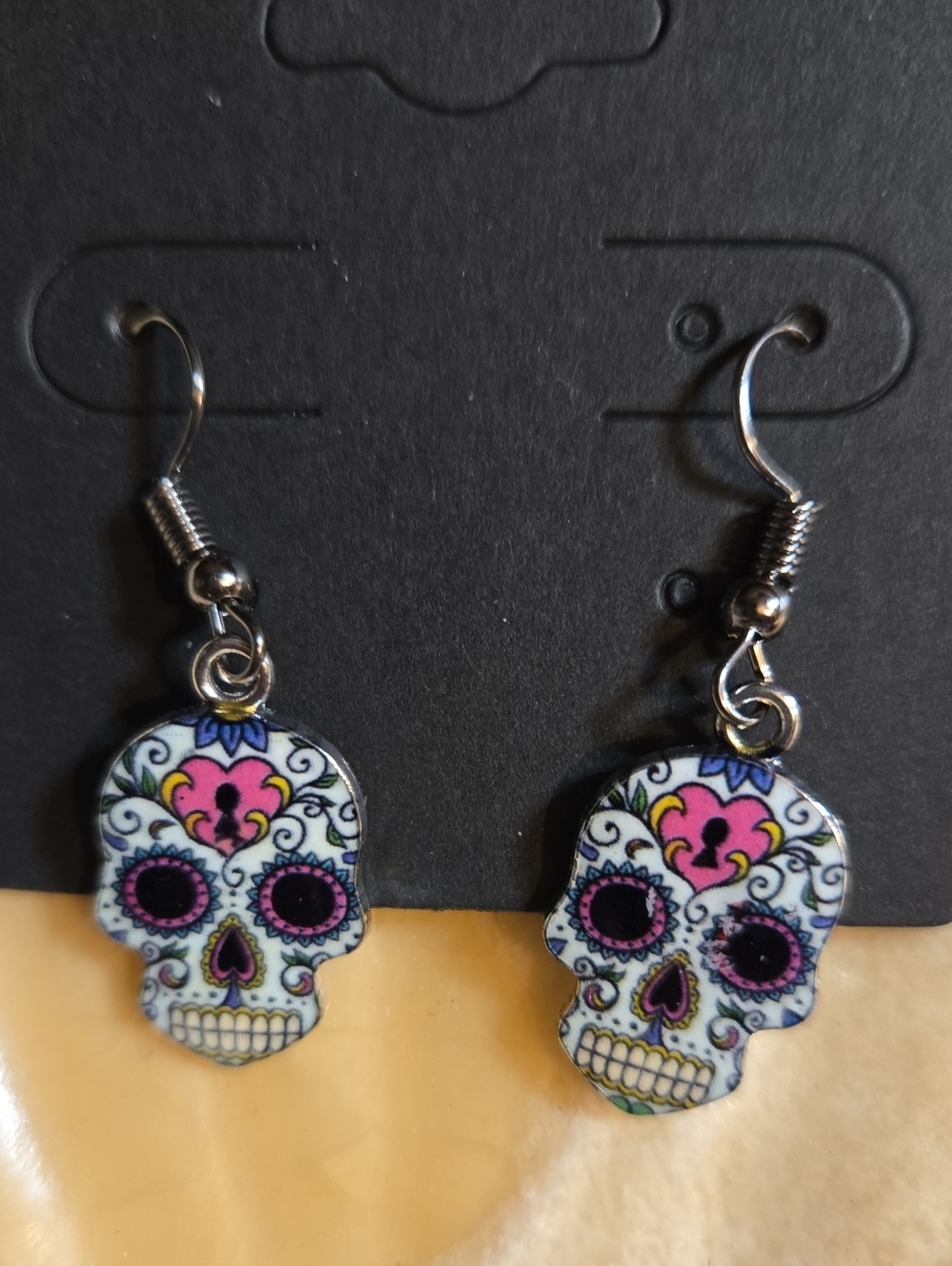 Sugar Skull Dangle Earrings in White and Pink